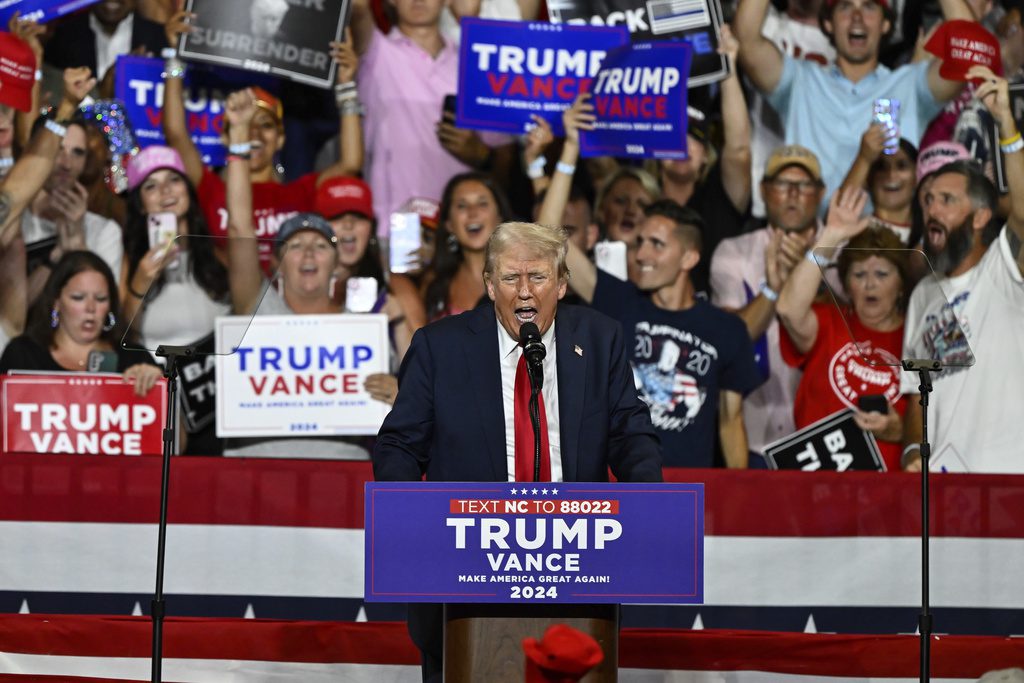 Republican presidential candidate former President Donald Trump speaks at a campaign rally in Charlotte, N.C., Wednesday, July 24, 2024. (AP Photo/Matt Kelley)