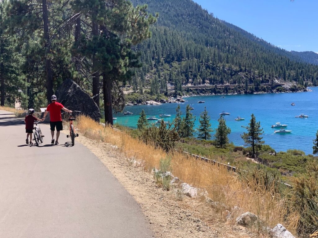 Incline Village, Nevada (USA) - 8/31/2019. A new bike trail and walking path called "Tahoe East Shore Trail" opened this summer giving people access to Sand Harbor, Secret Cove, and Hidden Beach.